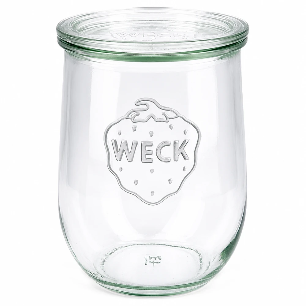Frasco tulipa WECK 1062ml com tampa de vidro Frasco de conserva RR100 transparente com o logótipo WECK gravado em relevo