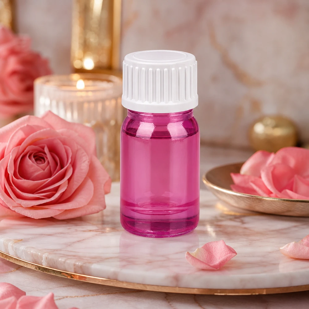 Frasco de 5 ml (glóbulo) com anel de vazamento de 3 mm branco padrão PurpleLine UT18/5 Frasco de vidro de 5 ml com design PurpleLine e tampa branca para produtos cosméticos e óleos essenciais