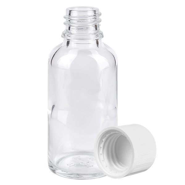 Frasco de 20 ml com tampa de rosca de 11 mm branca com fecho inviolável ClearLine UT18/20 Frasco de 20 ml com tampa de rosca de 11 mm branca com fecho inviolável ClearLine UT18/20
