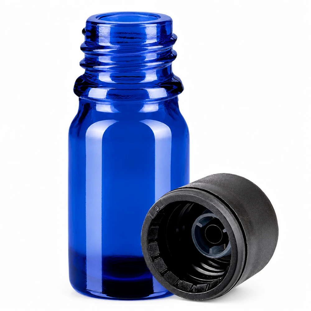 Frasco de vidro azul de 5 ml com tampa de rosca para cosméticos e farmácia profissional