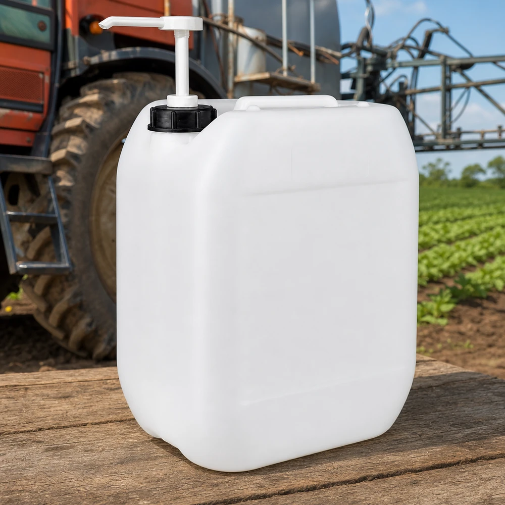 Bidão branco de 10 litros com bomba dosadora em utilização agrícola, acoplado a um trator e em culturas de campo