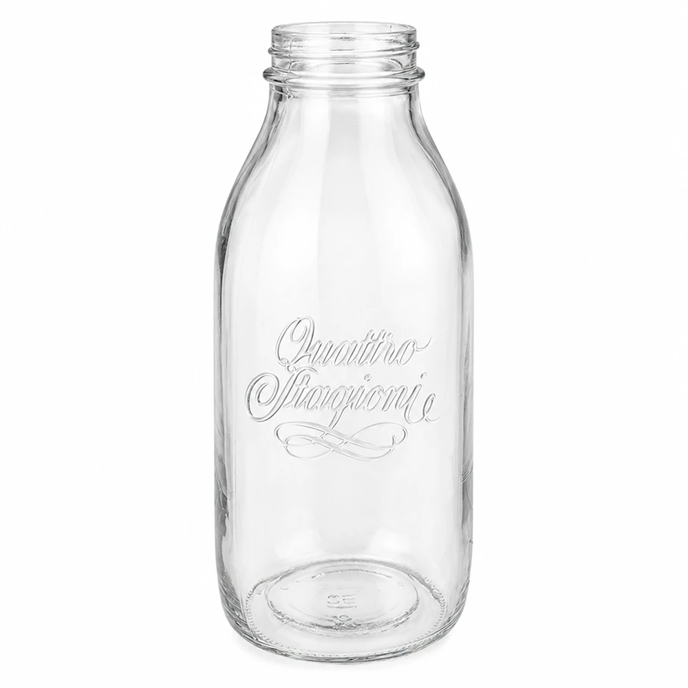 Bormioli Rocco Quattro Stagioni Garrafa de vidro de 1000 ml com gargalo largo e logótipo em relevo, transparente e vazia