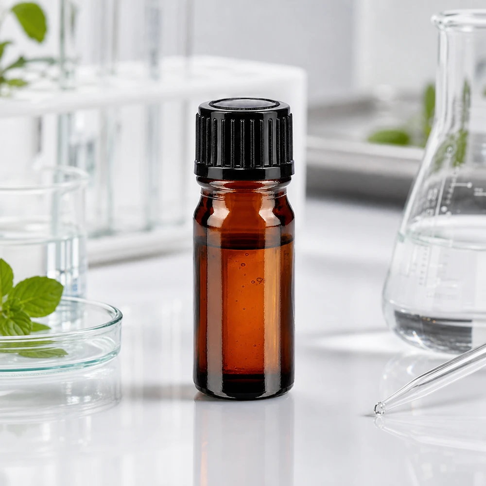 Frasco de farmácia castanho 5ml tampa de rosca preta standard Frasco de farmácia castanho de 5 ml com tampa preta de 11 mm, utilizado em ambiente laboratorial
