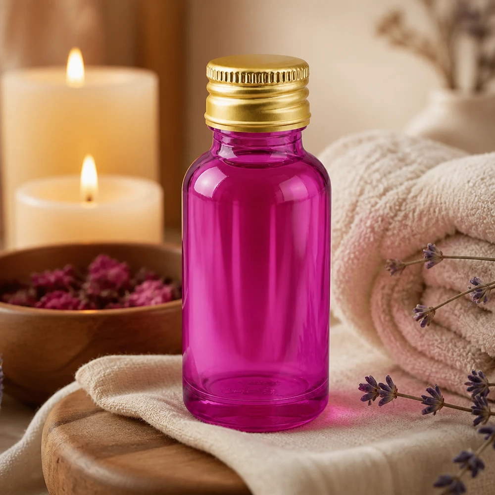 Frasco de vidro violeta de 20 ml de alta qualidade com rosca padrão de 11 mm para aromaterapia profissional