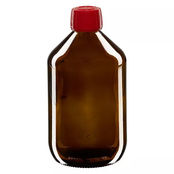 Frasco de medicamento de 500ml marrom, tampa vermelha com anel inviolável ApoGlas Frasco de medicamento de 500ml marrom, tampa vermelha com anel inviolável ApoGlas
