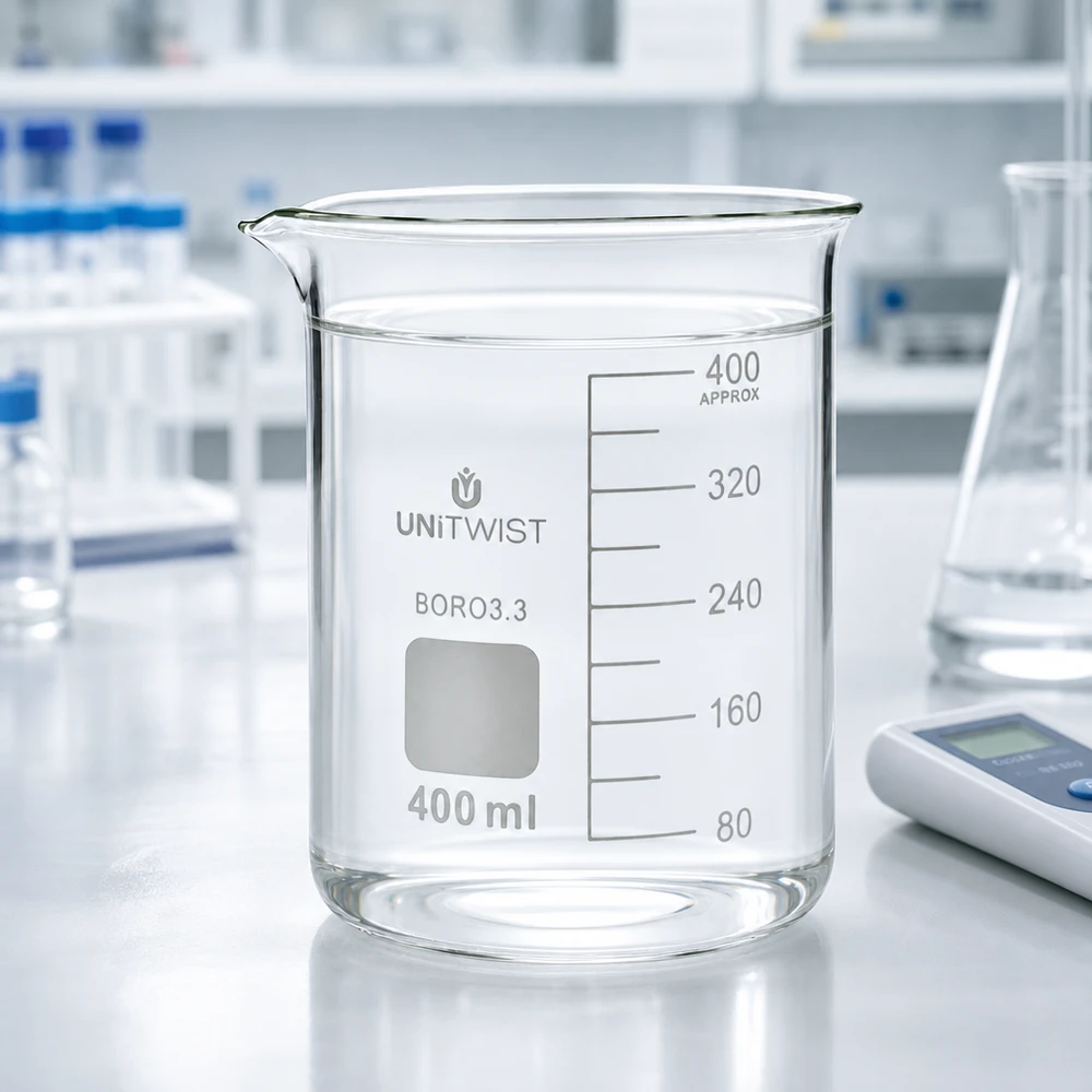 Copo 400 ml de borossilicato, baixo teor de bolor UNiTWIST Copo de laboratório UNiTWIST de 400 ml, em borossilicato 3.3, com bico vertedor e área branca para anotações, para uso em laboratório
