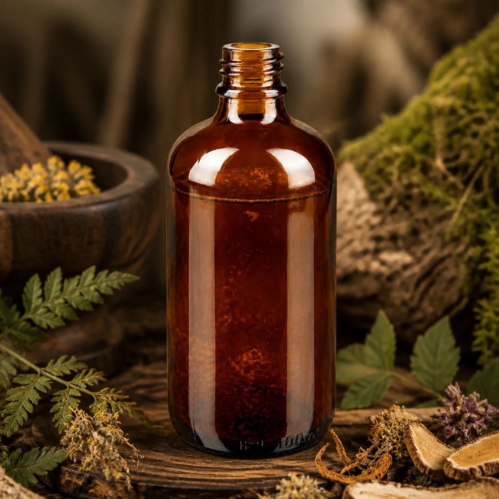 Frasco de farmácia castanho de 100 ml ApoGlas com fetos, cogumelos e ervas num ambiente natural de farmácia florestal