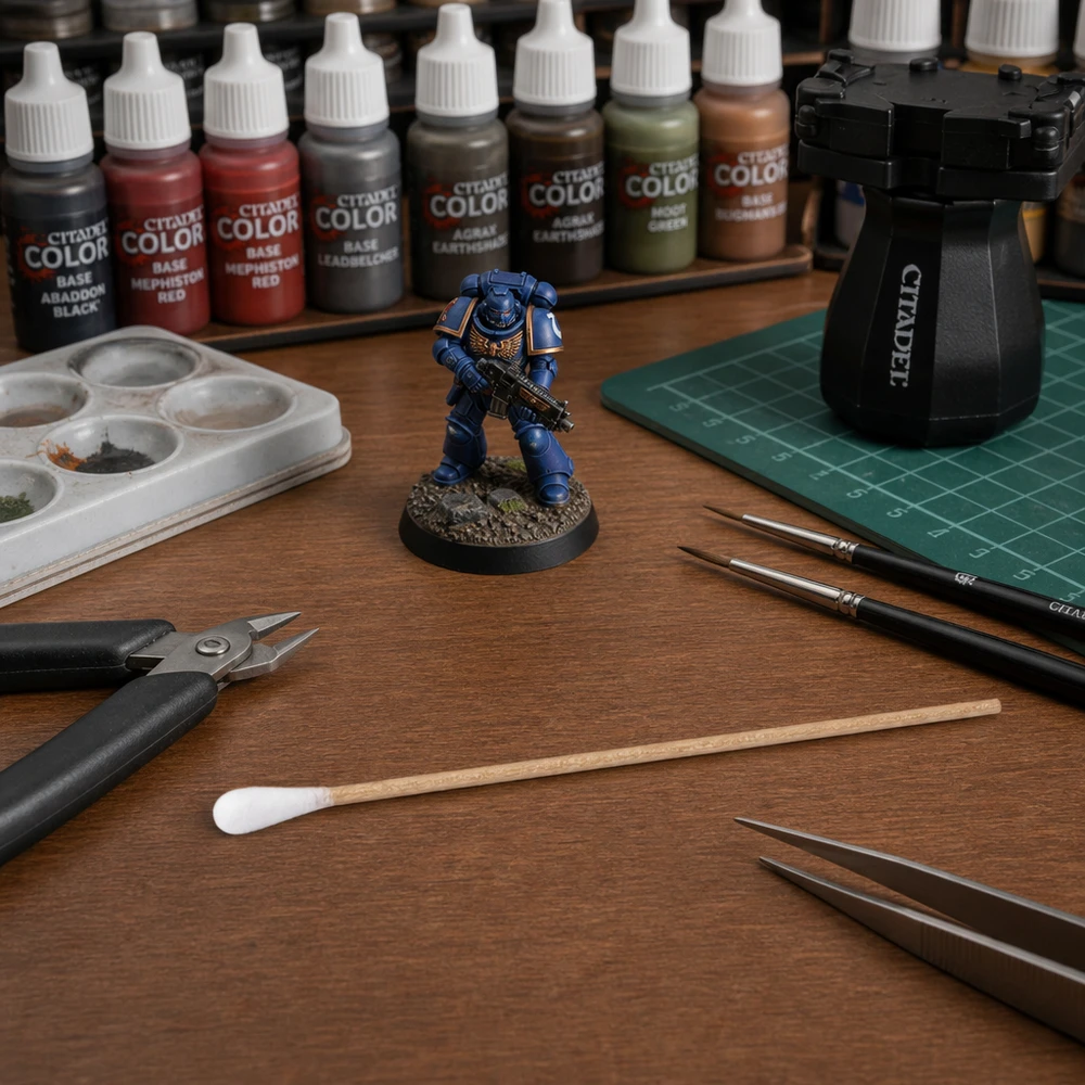 Cotonetes não esterilizados ao pintar miniaturas de Space Marines do Warhammer 40K numa mesa de madeira