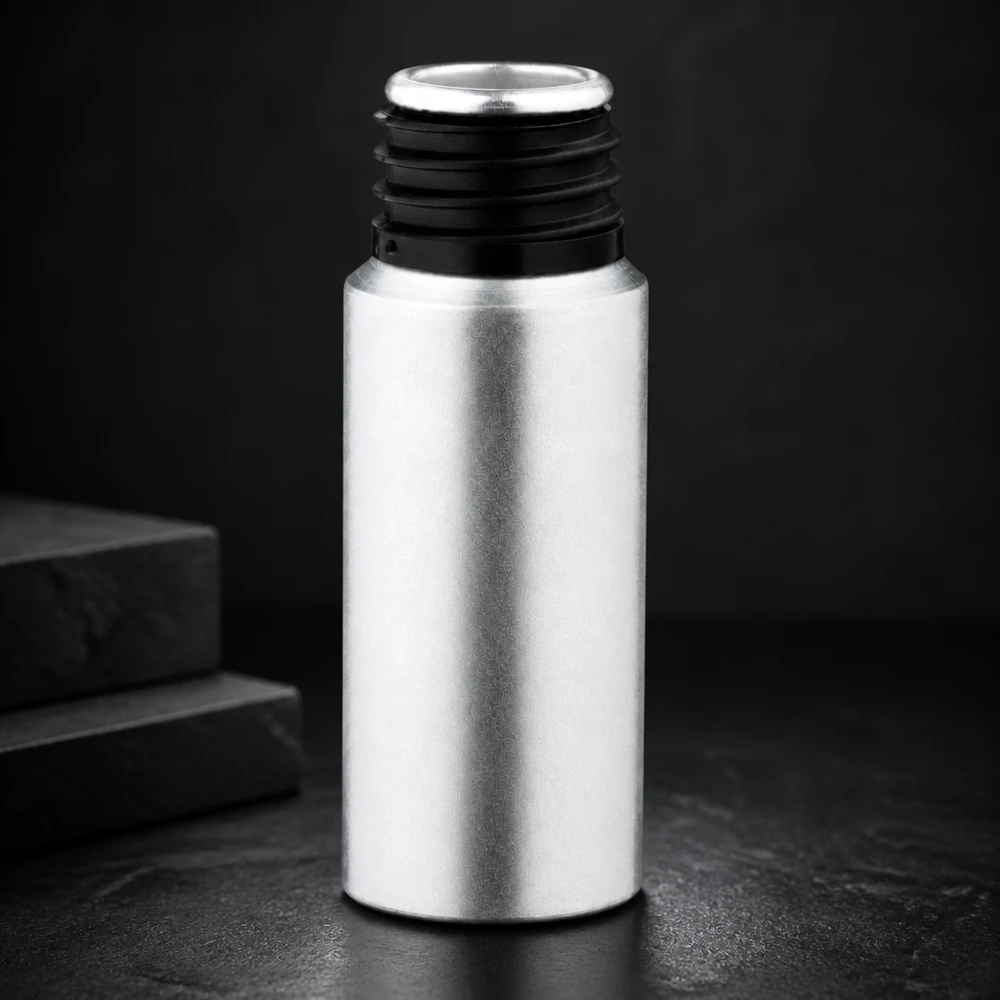 Frasco elegante de 20 ml em alumínio tingido com acabamento prateado mate e design ergonómico