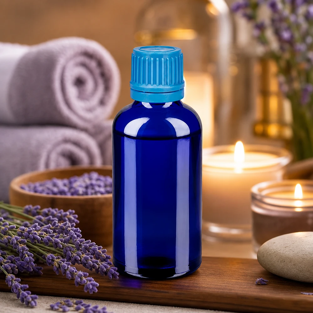 Frasco de vidro de 50 ml em azul-cobalto com tampa de segurança para óleos essenciais e aromaterapia