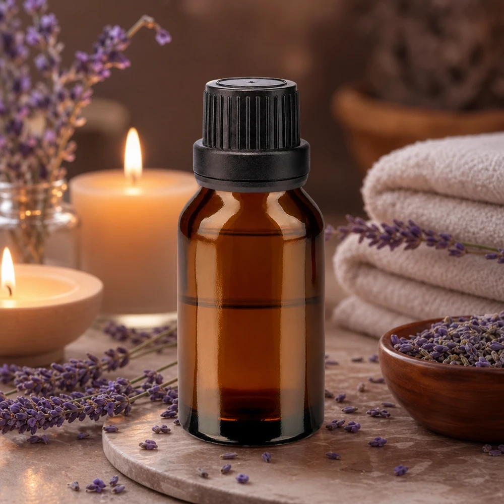 Frasco de farmácia castanho de 30 ml com lavanda e velas num ambiente de bem-estar