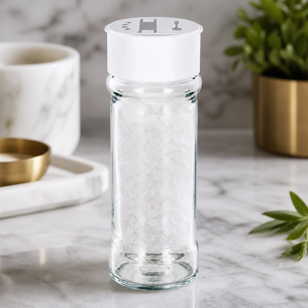 Frasco transparente para especiarias de 100 ml com um espalhador duplo branco sobre uma base de mármore, cheio de sal marinho grosso