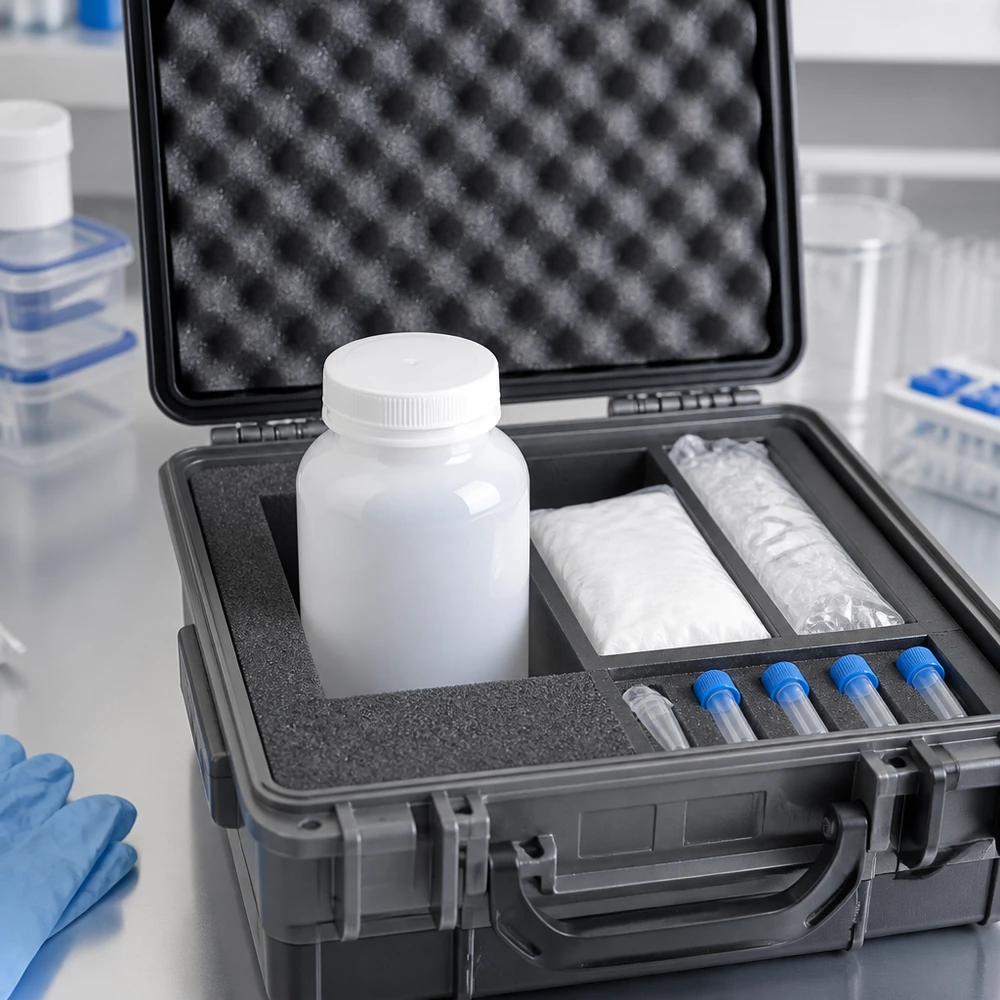Frasco de laboratório de 100 ml com gargalo largo e sem tampa Frasco de gargalo largo de 100 ml numa mala de transporte com blocos refrigerantes e tubos de amostra para um envio seguro