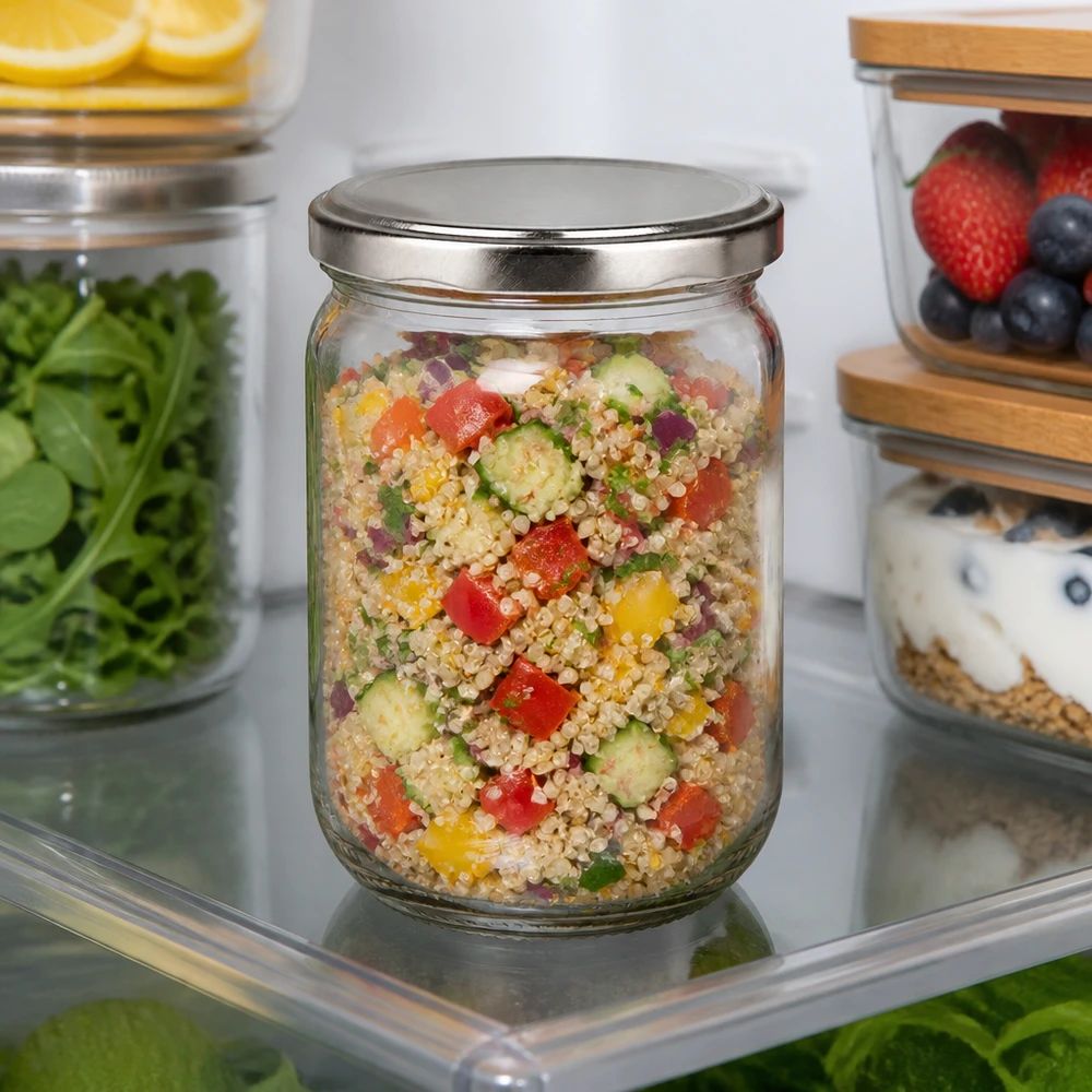 Frasco redondo de vidro de 555 ml com tampa BasicSeal prateada, cheio de salada colorida de quinoa, guardado no frigorífico