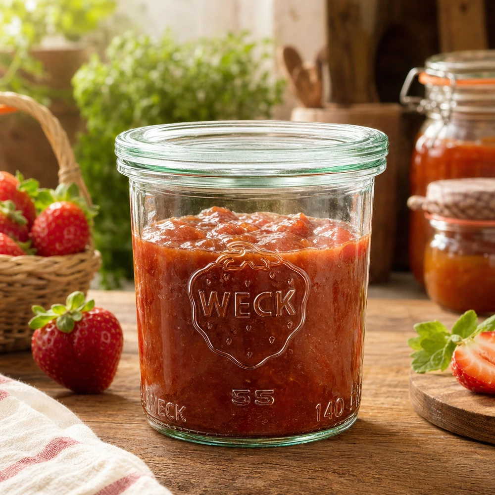 Frasco de conserva WECK 140ml RR60 cheio de compota de morango numa mesa de madeira com decoração de morangos frescos