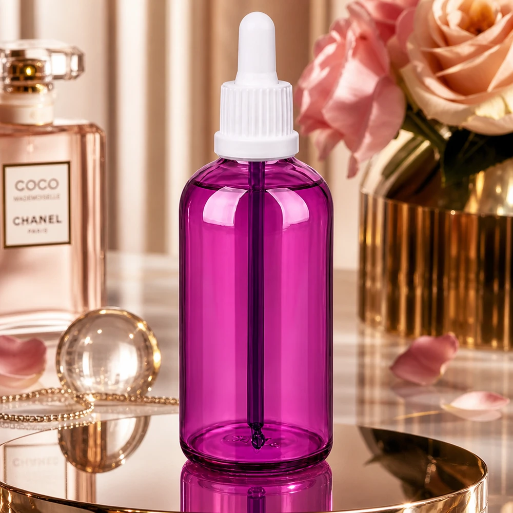 Frasco pipeta PurpleLine 100ml em violeta com conta-gotas branco para aromaterapia e cuidados da pele