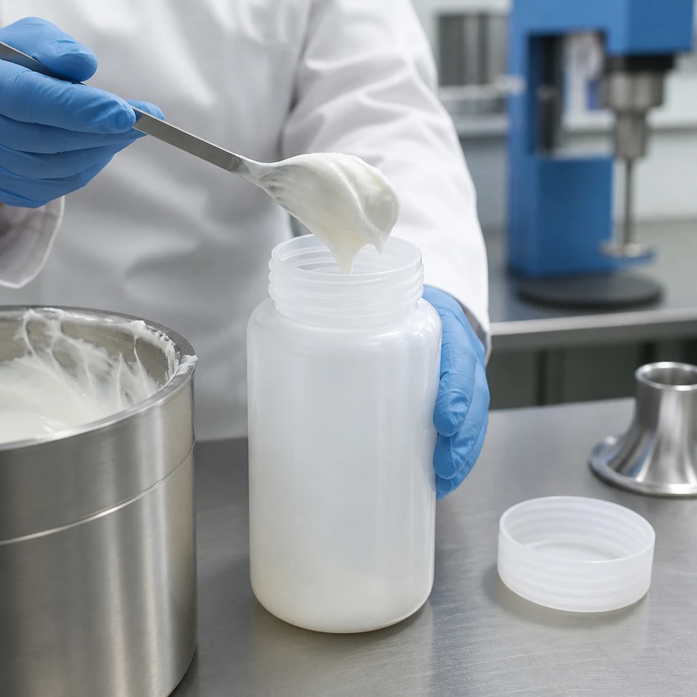O técnico de laboratório transfere uma substância branca e cremosa com uma espátula para um frasco de laboratório de HDPE de gargalo largo com 1000 ml