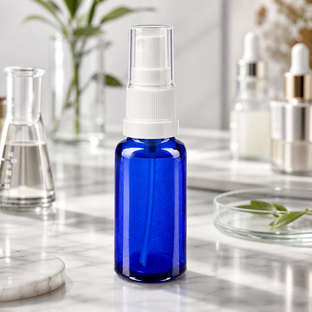Frasco de farmácia azul 20ml spray acessório branco Frasco compacto de farmácia com pulverizador de 20 ml, na cor azul, com pulverizador branco, num ambiente de laboratório