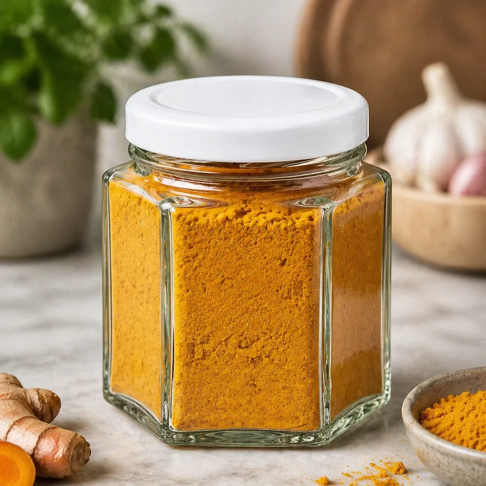 Frasco de vidro hexagonal de 47 ml com tampa branca cheio de curcuma em pó em ambiente natural de cozinha com gengibre