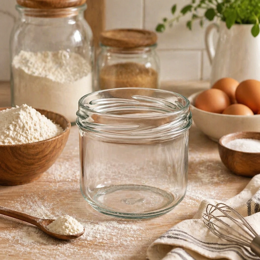 Copos de vidro de 260ml sem tampa (TO82) UNiTWIST UNiTWIST Sturz260 frasco redondo 260ml TO82 frasco de conserva vazio na mesa da cozinha com ingredientes de pastelaria, farinha e ovos