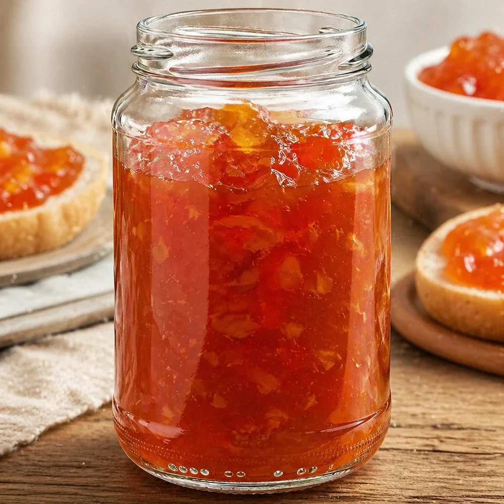 Frasco redondo de 375 ml sem tampa (TO63) UNiTWIST UNiTWIST Runda375 Rundglas 375ml gefüllt mit hausgemachter Orangenmarmelade auf Holztisch neben Marmeladenbrot