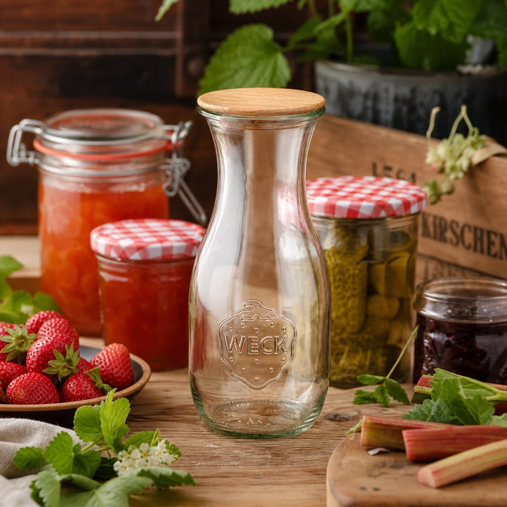 Garrafa de vidro WECK 530ml RR60 com tampa de madeira numa cozinha rústica ao lado de compota, morangos e frascos de conserva