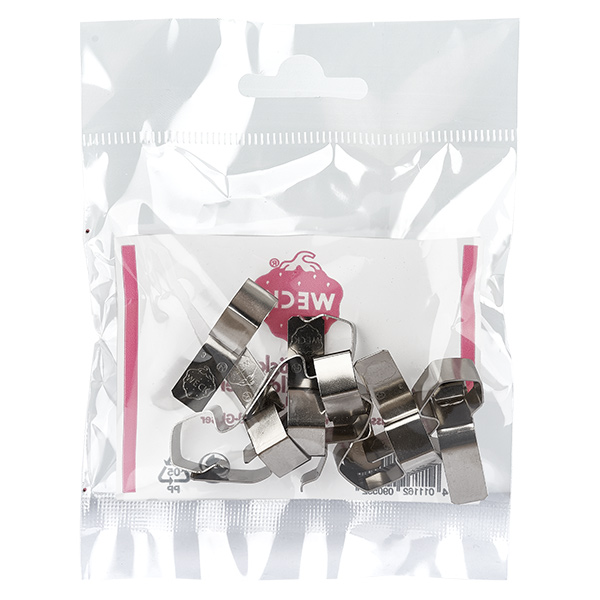 Pinças Original WECK (Pack(s) com 12 peças) Pinças WECK 12 peças em aço inoxidável visíveis na embalagem aberta Pinças de conservação para frascos de bordo redondo Original