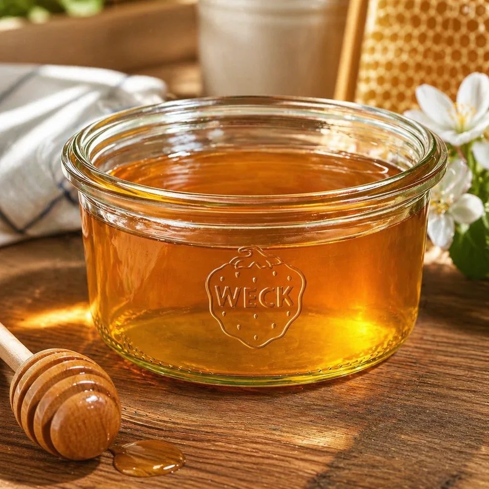 Frasco de vidro WECK RR80 de 165 ml Copos WECK RR80 de 165 ml cheios de mel numa mesa de madeira com uma colher de mel e um favo de mel em segundo plano