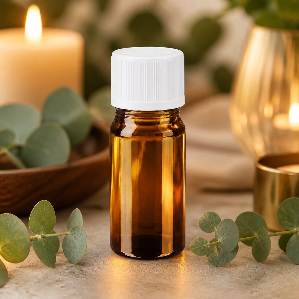 Frasco de farmácia castanho 5ml tampa de conta-gotas branca resistente a crianças padrão Pequeno frasco de vidro castanho de 5 ml com tampa conta-gotas branca, rodeado por ramos de eucalipto e velas