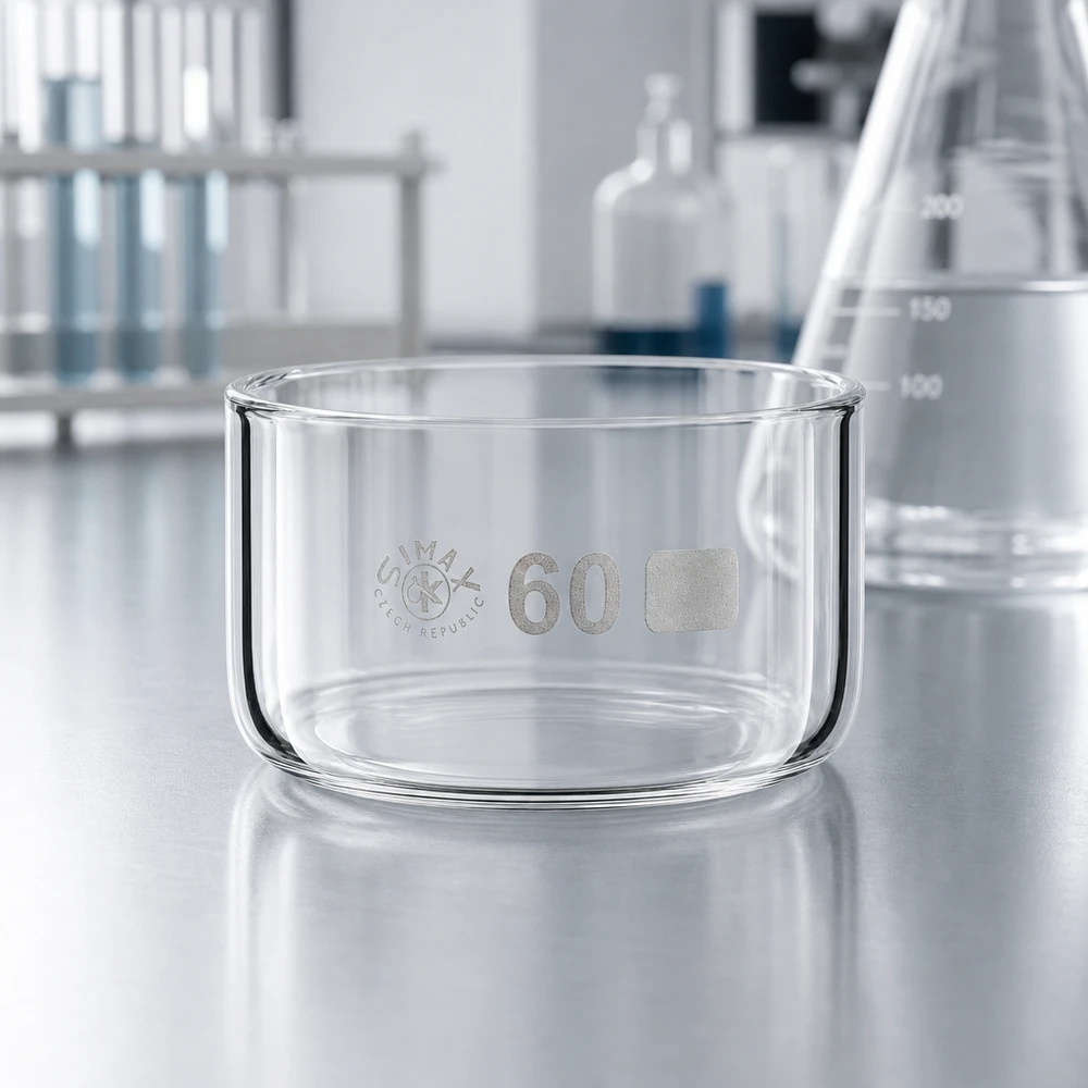 Cápsula de cristalização de 60ml sem bico em borosilicato ø60mm Recipiente de cristalização Simax vazio, 60 ml, de vidro borossilicato, cilíndrico, ø 60 mm, sobre a bancada do laboratório