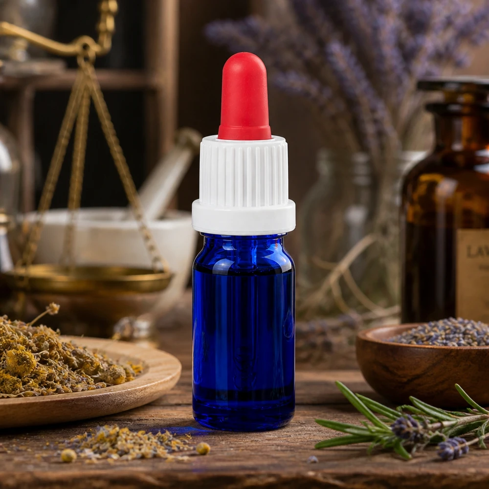 Frasco de pipeta azul de 5 ml com tampa de rosca branca e ponta de pipeta vermelha para aromaterapia