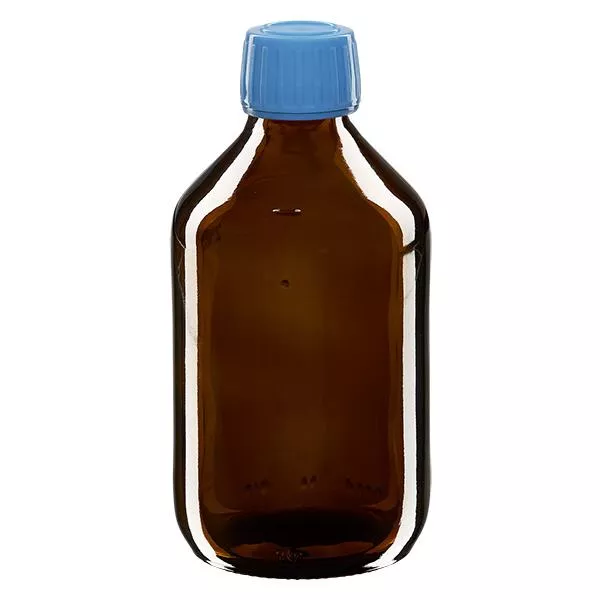 Frasco de medicamento de 250ml castanho, tampa azul com anel inviolável ApoGlas Frasco de medicamento de 250ml castanho, tampa azul com anel inviolável ApoGlas