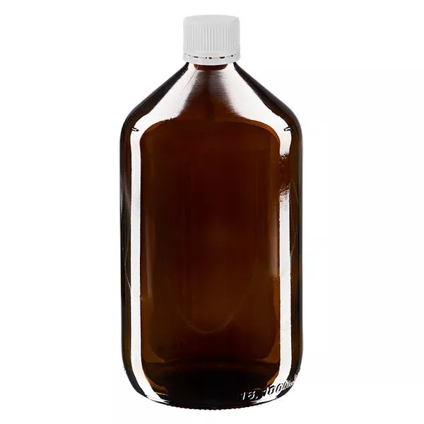 Frasco de medicamento de 1000ml castanho, tampa branca com anel inviolável ApoGlas Frasco de medicamento de 1000ml castanho, tampa branca com anel inviolável ApoGlas
