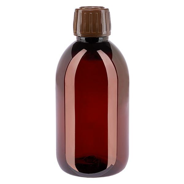 Frasco PET 250ml com tampa inviolável castanha Frasco PET 250ml com tampa inviolável castanha