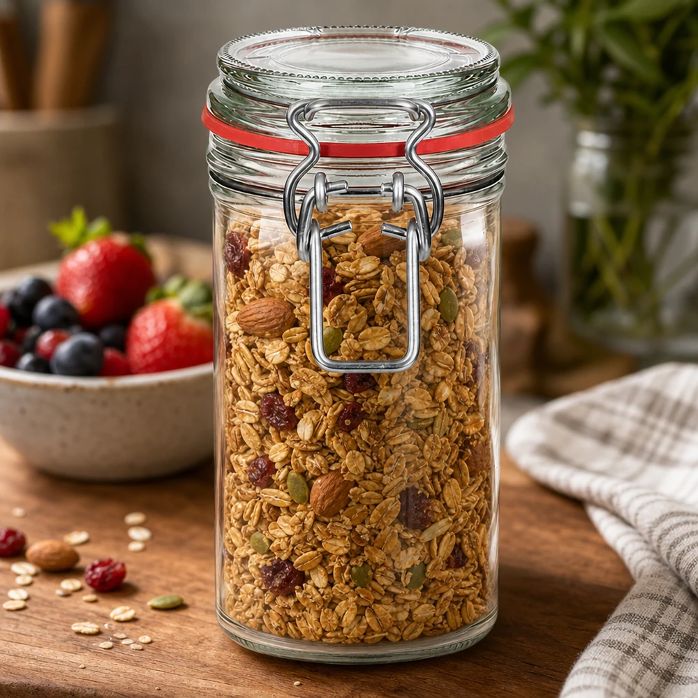Frasco de armazenamento de 272 ml com tampa basculante cheio de muesli e nozes em cima de uma mesa de madeira ao lado de bagas frescas