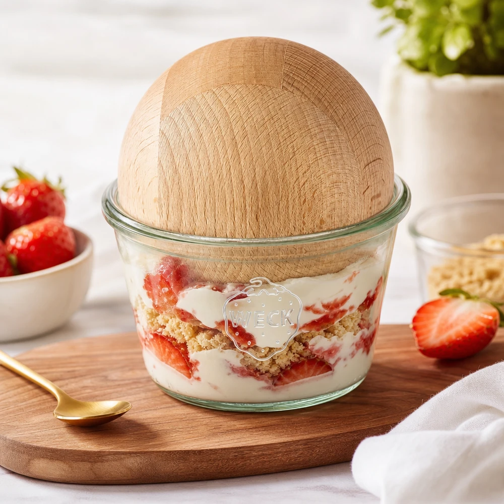 370ml Sturzglas WECK RR100 mit Holzkugel Buche Frasco WECK RR100 370ml cheio de sobremesa de morango Tampa em bola de faia Sobremesa em camadas Servir a sobremesa