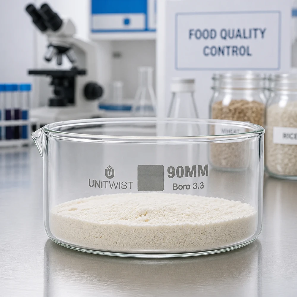 Bandeja de cristalização de 90 mm UNiTWIST Boro 3.3 com farinha em pó branca — Laboratório de controlo de qualidade alimentar
