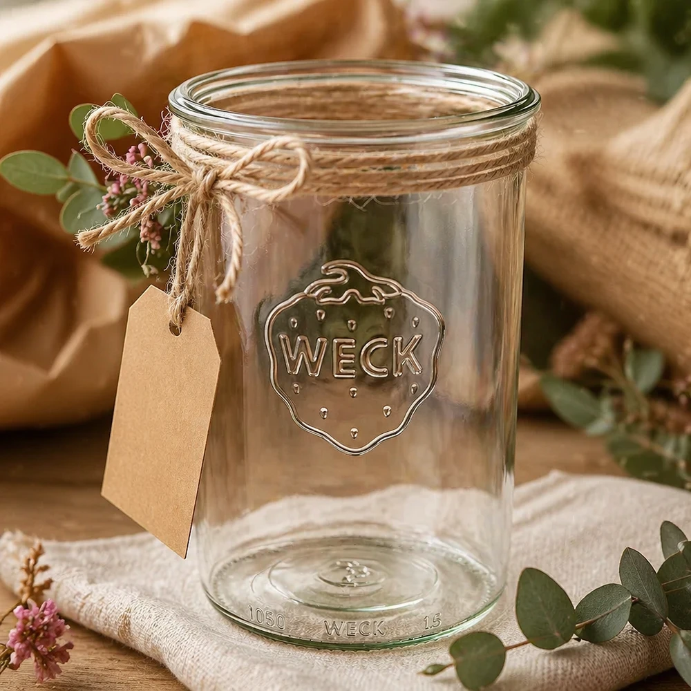 Frasco de vidro de 1000 ml WECK RR100 Frasco de conserva WECK RR100 de 1000 ml com cordão de juta e pendente decorado numa mesa de madeira rústica