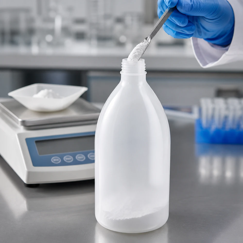 Frasco de laboratório de 1000 ml, de gargalo estreito e sem tampa, a ser enchido com pó branco no laboratório