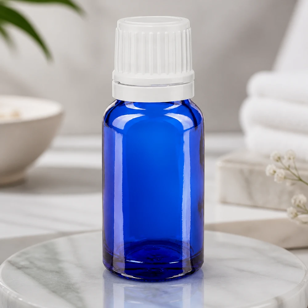 Frasco de farmácia azul 10ml tampa de rosca branca fecho inviolável Frasco de farmácia de 10 ml, de vidro azul com tampa de rosca branca SV OV 11 mm, à prova de luz