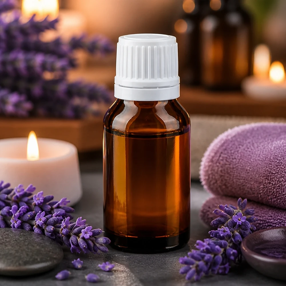Frasco de farmácia castanho de 15 ml com tampa de rosca branca, ao lado de flores de lavanda e velas