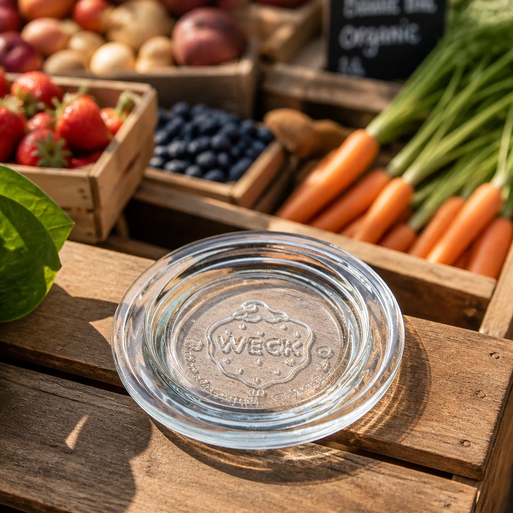 Tampa de frasco WECK RR40 sobre uma mesa de madeira num ambiente de mercado com fruta e legumes frescos em fundo