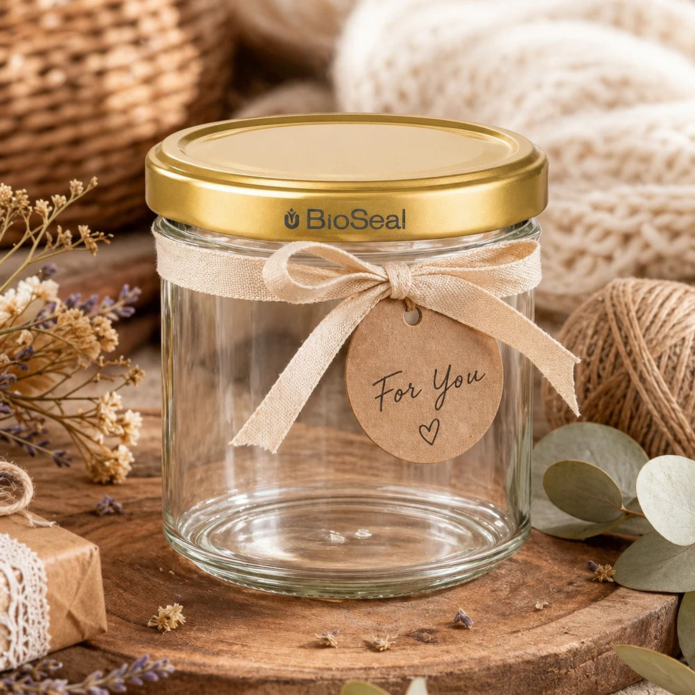 200g Honigglas mit goldenem Deckel BioSeal UNiTWIST Frasco de mel de 200 g vazio com tampa dourada BioSeal para oferta, decorado com laço e etiqueta "Para si