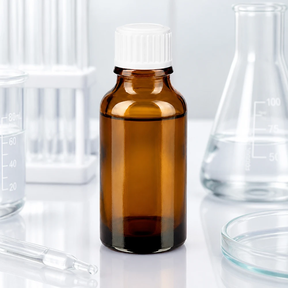 Frasco de farmácia de vidro castanho de 20 ml com tampa branca SV STD de 11 mm, no laboratório, entre um frasco de Erlenmeyer e um copo de laboratório