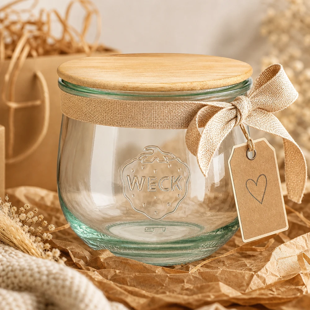 Frasco de tulipa WECK RR80 370ml como embalagem de presente com laço de juta e etiqueta em materiais decorativos naturais