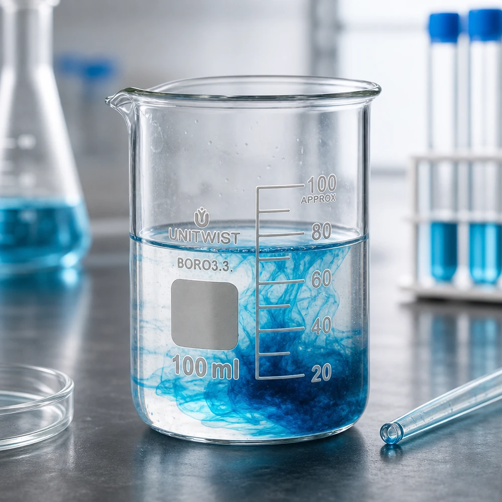 Copo 100 ml de borossilicato, baixo teor de bolor UNiTWIST Béquer de laboratório transparente de 100 ml com um líquido azul difuso sobre uma superfície metálica