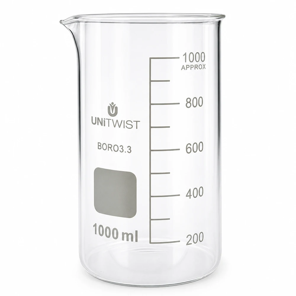 Copo 1000 ml de borossilicato, molde alto UNiTWIST Copo de laboratório de 1000 ml, formato alto, em vidro borossilicato UNITWIST, com escala em mililitros até 1000 ml