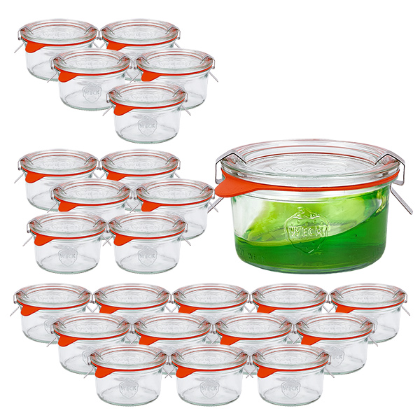 Conjunto de 24 copos de vidro de 165ml da Weck com 24 tampas de vidro Conjunto de 24 copos de vidro de 165ml da Weck com 24 tampas de vidro