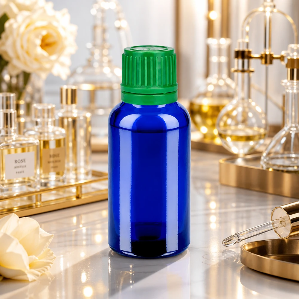 Frasco de boticário de 30 ml em vidro cobalto de alta qualidade com tampa SV verde UT18/30