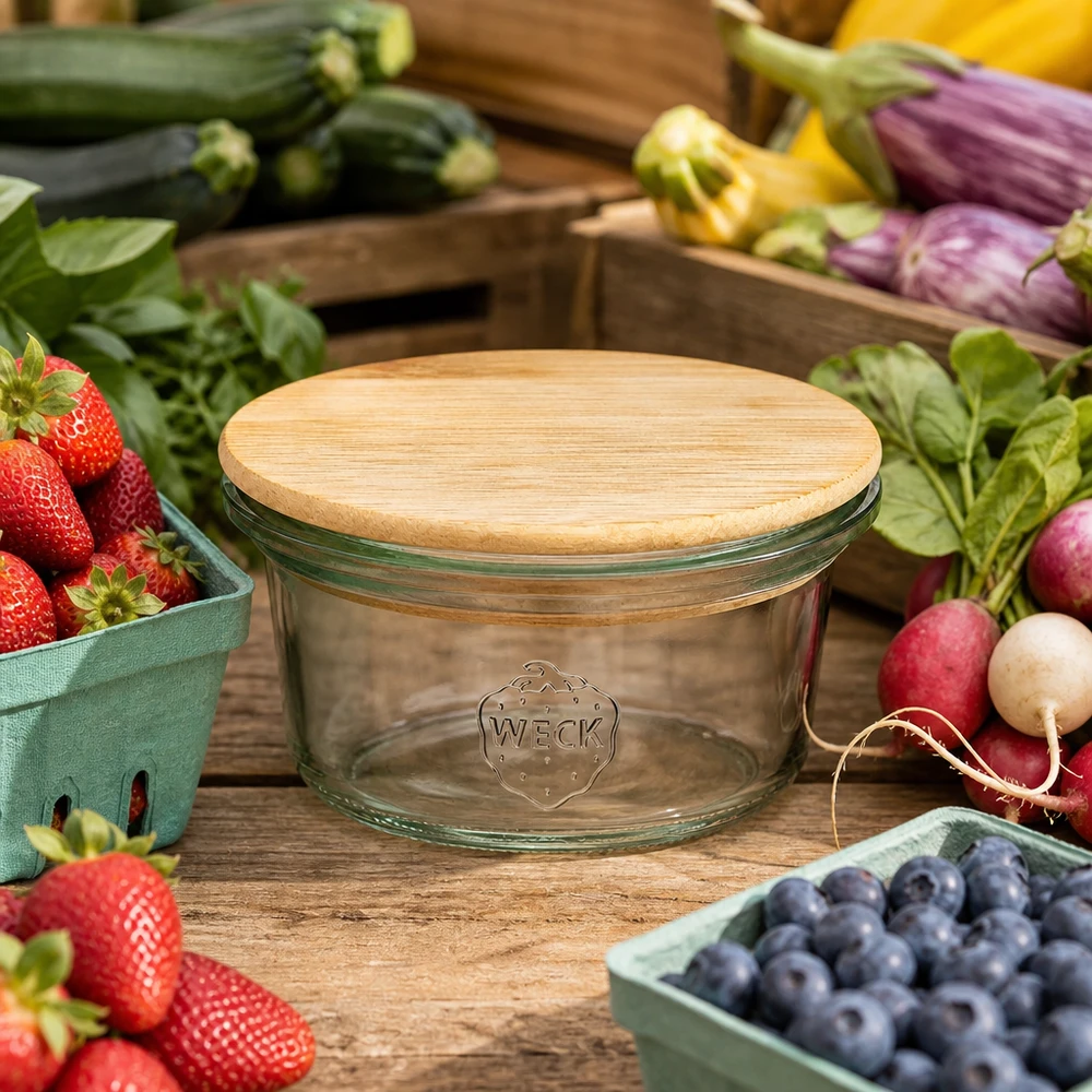 Mini copos de vidro de 50ml WECK RR60 com tampa de madeira Mini frasco de pedreiro WECK de 50 ml com tampa de bambu rodeado de frutas e legumes frescos numa mesa de madeira ao estilo de uma quinta